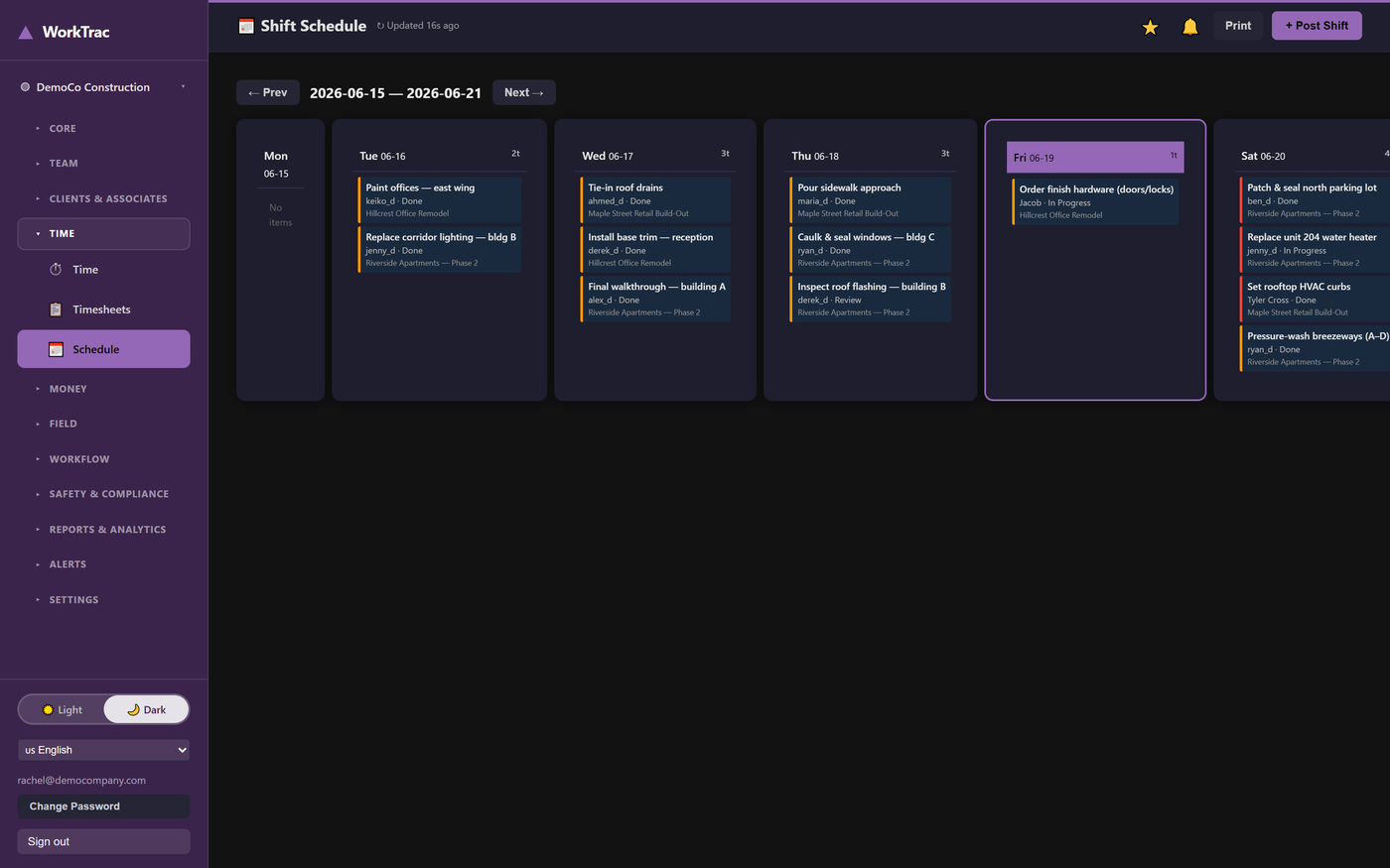 WorkTrac drag-and-drop shift scheduling with open shift marketplace for field crews